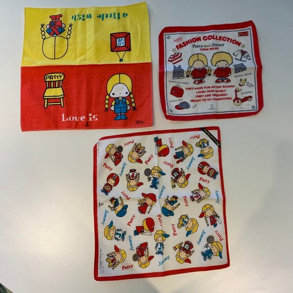 RARE LOT OF 3 VINTAGE  1970S SANRIO PATTY AND JIMMY HANDKERCHIEFS - Picture 1 of 16